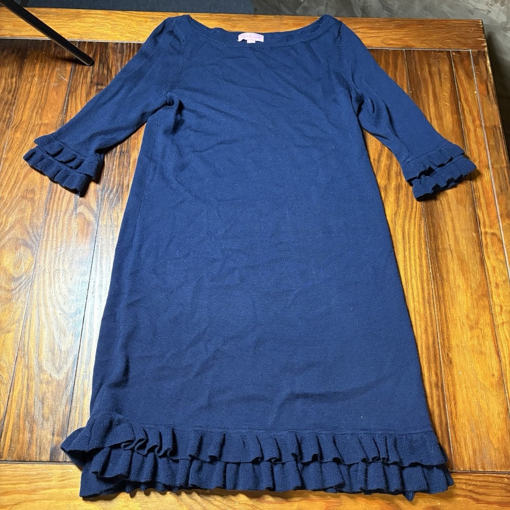 Lilly Pulitzer Dark Blue Merino Wool Helena Ruffle Sweater Dress Sz S A1189